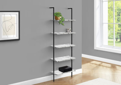 BOOKCASE - 72"H / LADDER WHITE MARBLE / BLACK METAL
