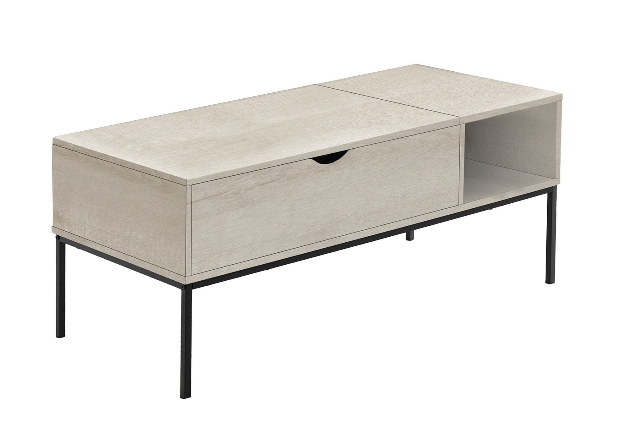 COFFEE TABLE - 42"L / LIFT-TOP WASHED OAK / BLACK METAL - Image 2