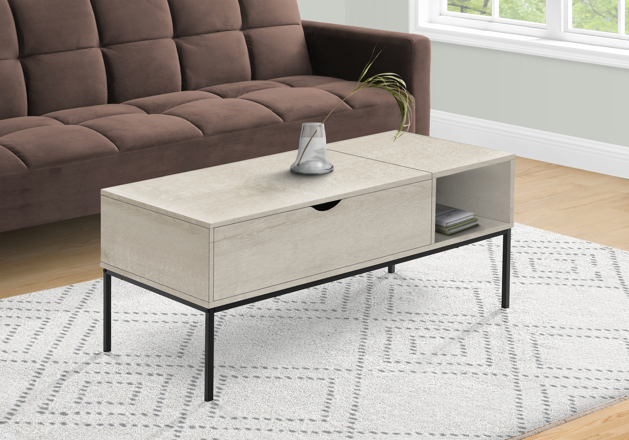 COFFEE TABLE - 42"L / LIFT-TOP WASHED OAK / BLACK METAL