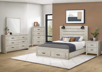 BEDROOM SET - QUEEN SIZE BED / BLEACHED OAK / 2 LIGHTS / USB