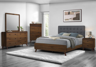 BEDROOM SET - QUEEN SIZE BED / GREY FABRIC WALNUT FINISH