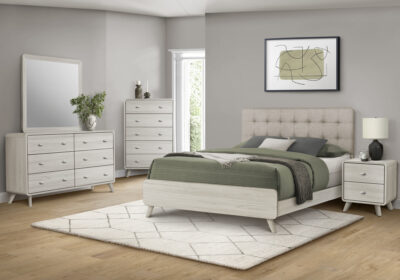 BEDROOM SET - QUEEN SIZE BED / BEIGE FABRIC GREY OAK FINISH