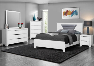 BEDROOM SET - QUEEN SIZE BED / LED LIGHT GREY PU / WHITE