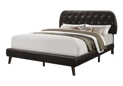 BED - QUEEN SIZE / BROWN LEATHER-LOOK WITH WOOD LEGS