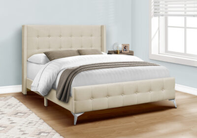 BED - QUEEN SIZE / BEIGE LINEN WITH CHROME METAL LEGS