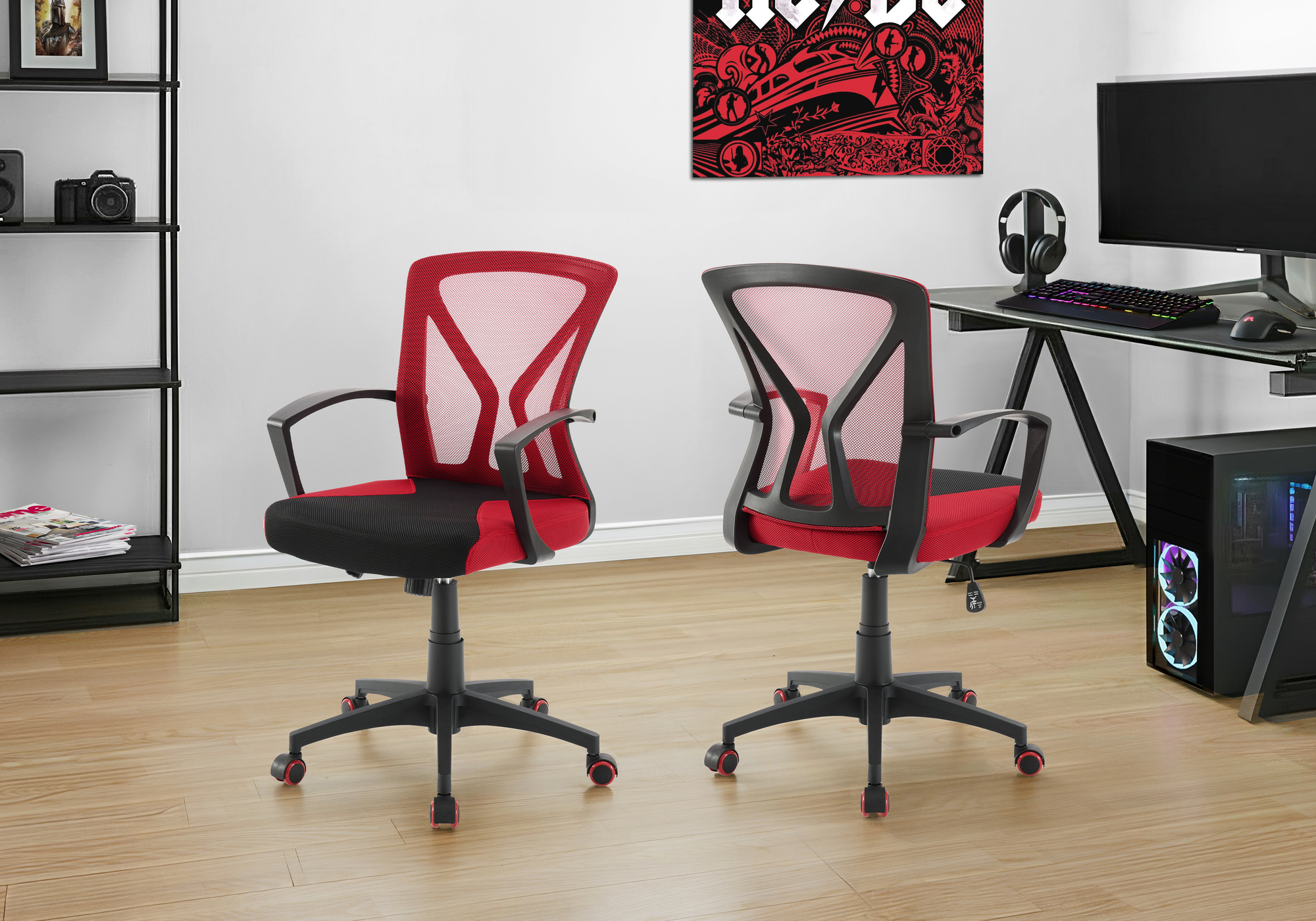 OFFICE CHAIR - GAMING / BLACK / RED FABRIC ON CASTORS