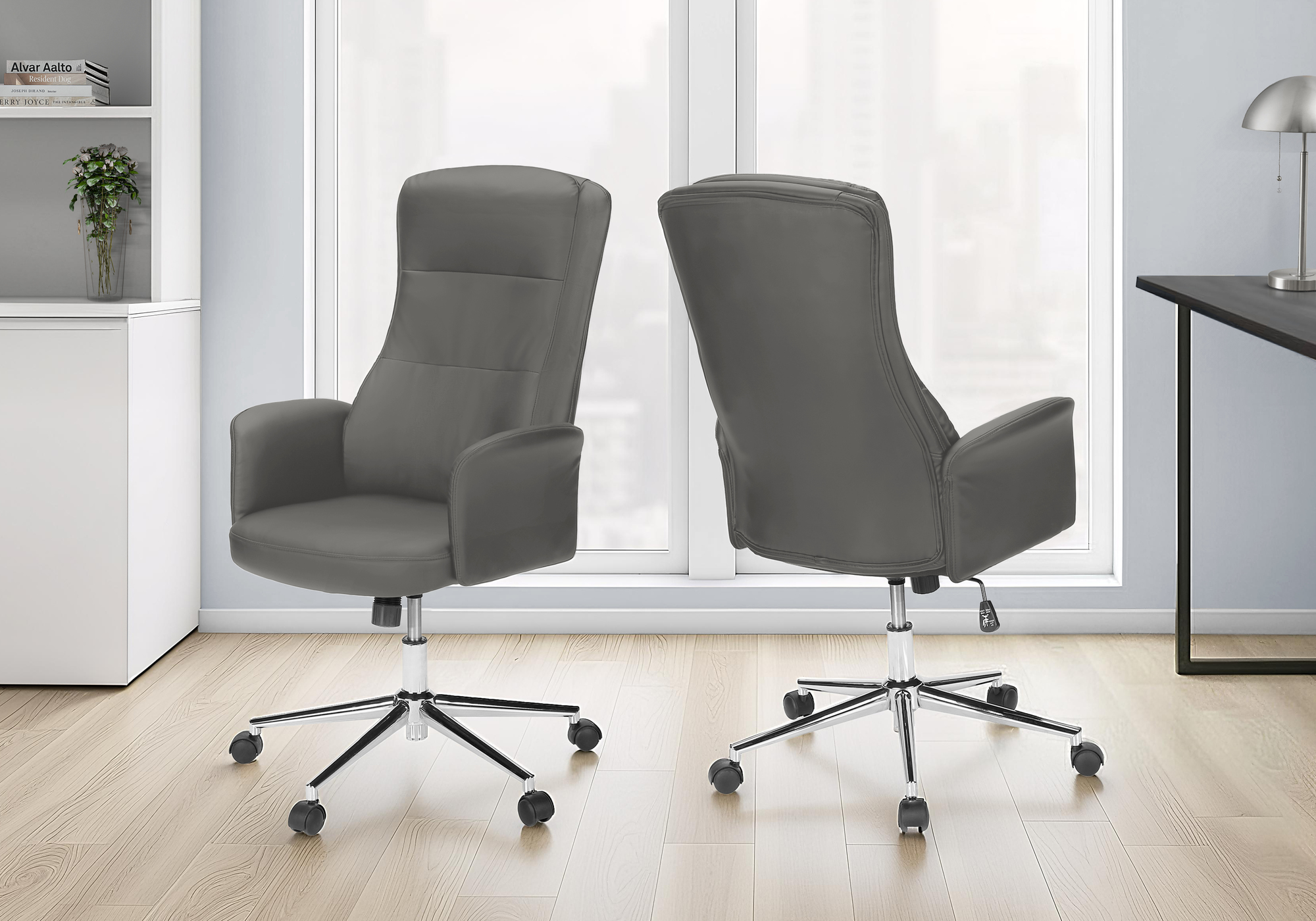 OFFICE CHAIR - DARK GREY LEATHER-LOOK / HIGH BACK EXECUTIVE