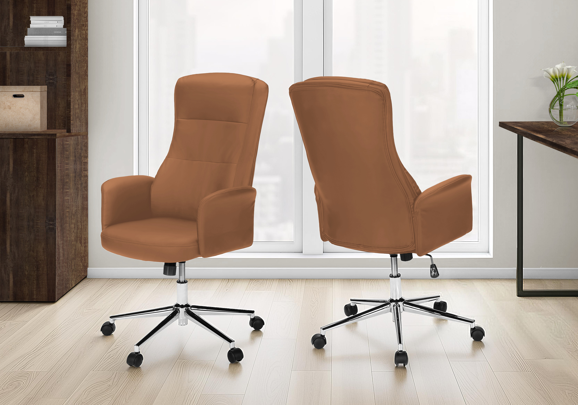 OFFICE CHAIR - BROWN LEATHER-LOOK / HIGH BACK EXECUTIVE