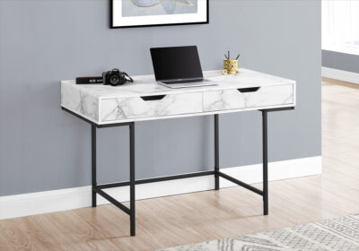 COMPUTER DESK - 48"L / WHITE MARBLE-LOOK / BLACK METAL