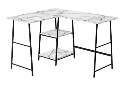 COMPUTER DESK - 48"L / WHITE MARBLE / BLACK METAL CORNER