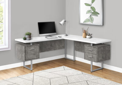 COMPUTER DESK - 70"L / WHITE / CONCRETE / SILVER METAL / L/R