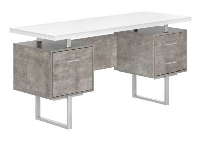 COMPUTER DESK - 60"L / WHITE / GREY CONCRETE / SILVER METAL