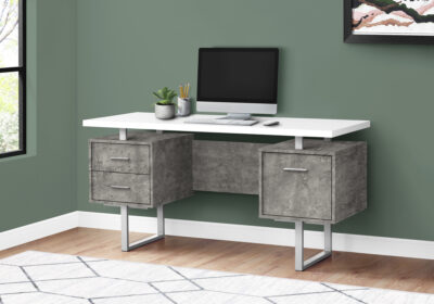 COMPUTER DESK - 60"L / WHITE / GREY CONCRETE / SILVER METAL