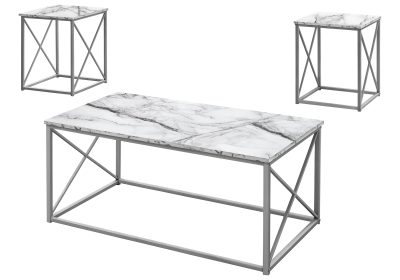 TABLE SET - 3PCS SET / WHITE MARBLE / SILVER METAL