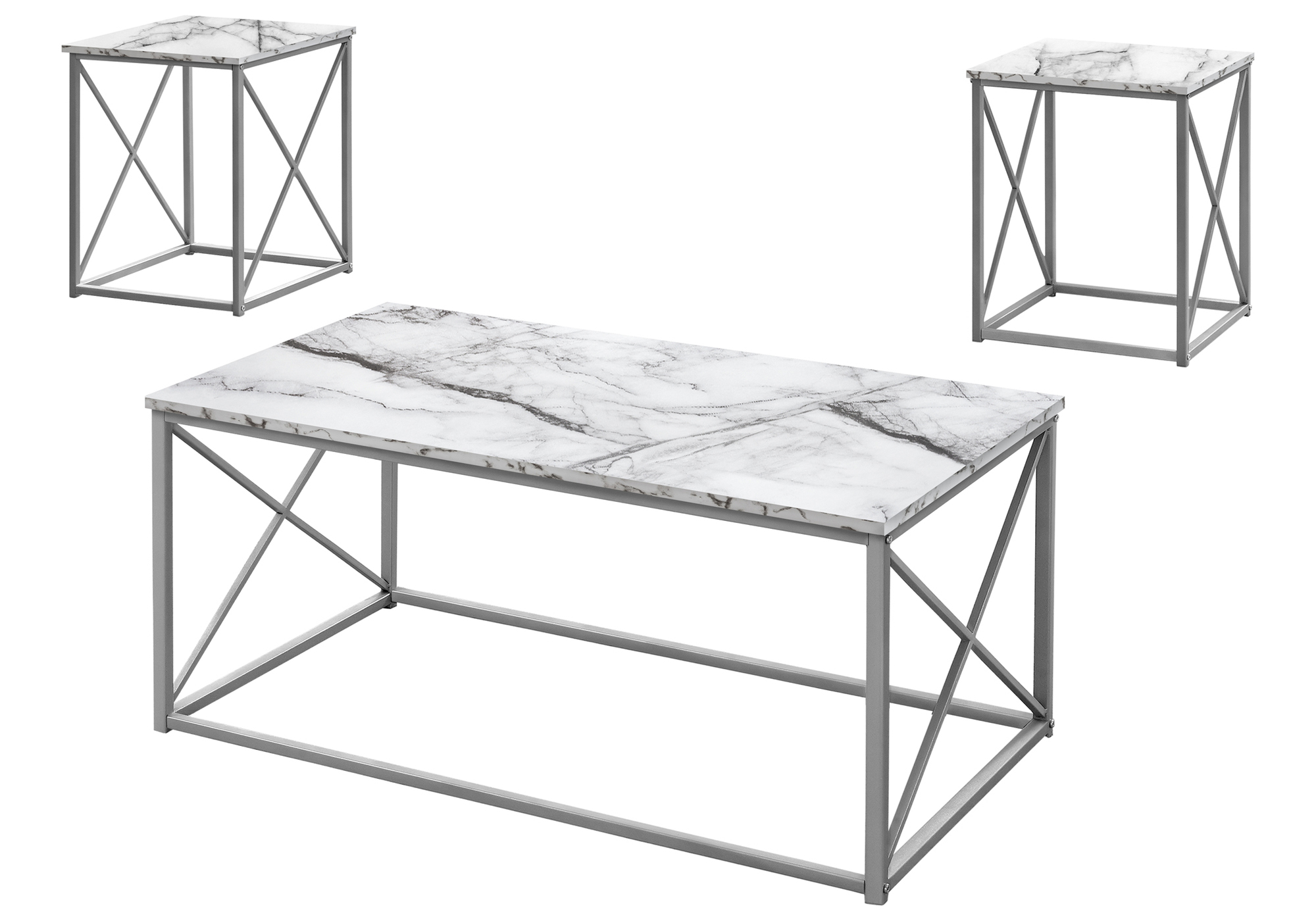TABLE SET - 3PCS SET / WHITE MARBLE / SILVER METAL - Image 2