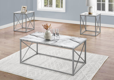 TABLE SET - 3PCS SET / WHITE MARBLE / SILVER METAL