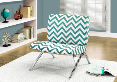 ACCENT CHAIR - TEAL " CHEVRON " FABRIC / CHROME METAL