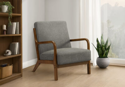 ACCENT CHAIR - 34"H / GREY FABRIC / WALNUT WOOD