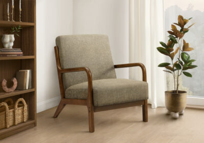 ACCENT CHAIR - 34"H / LIGHT BROWN FABRIC / WALNUT WOOD