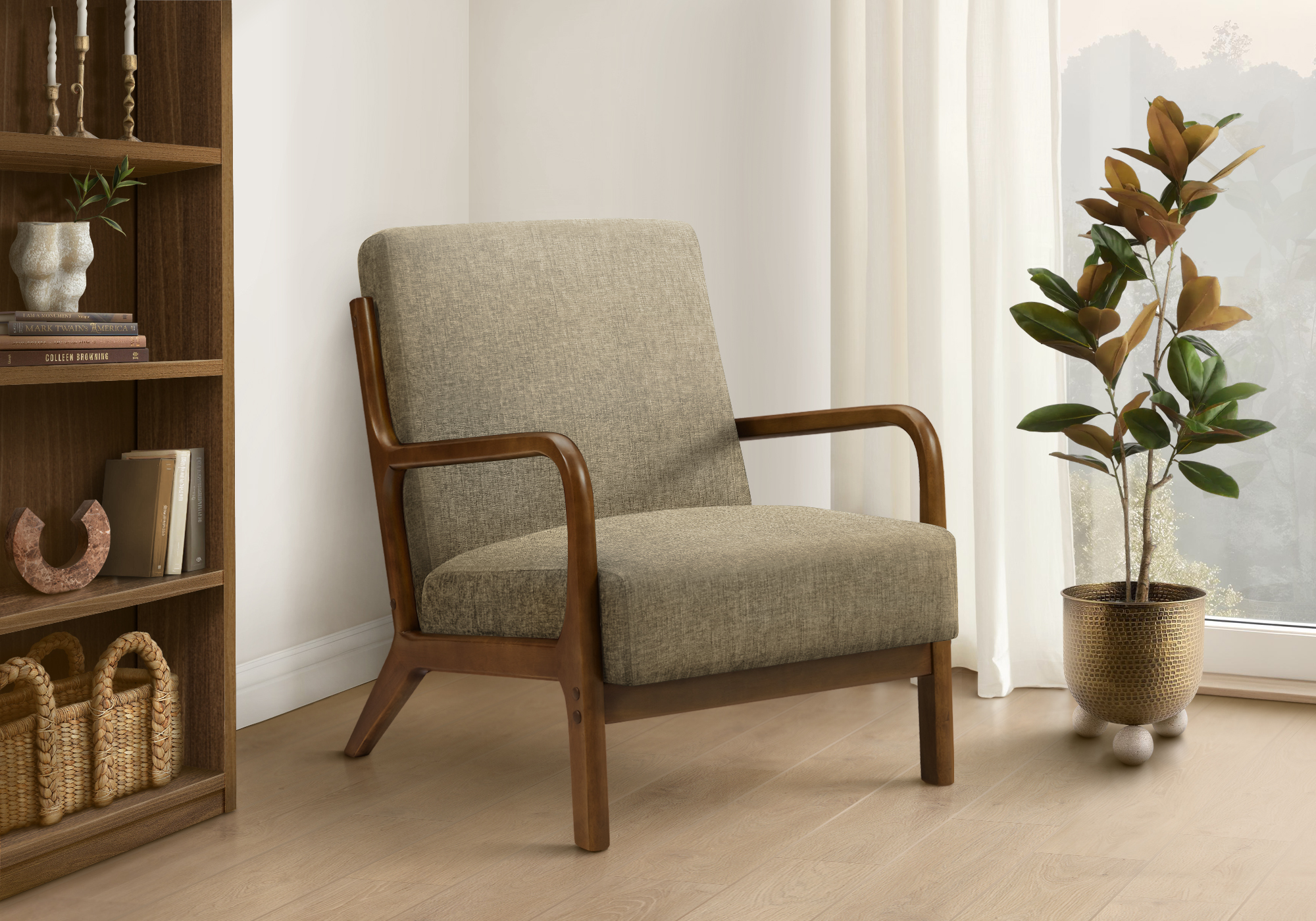 ACCENT CHAIR - 34"H / LIGHT BROWN FABRIC / WALNUT WOOD