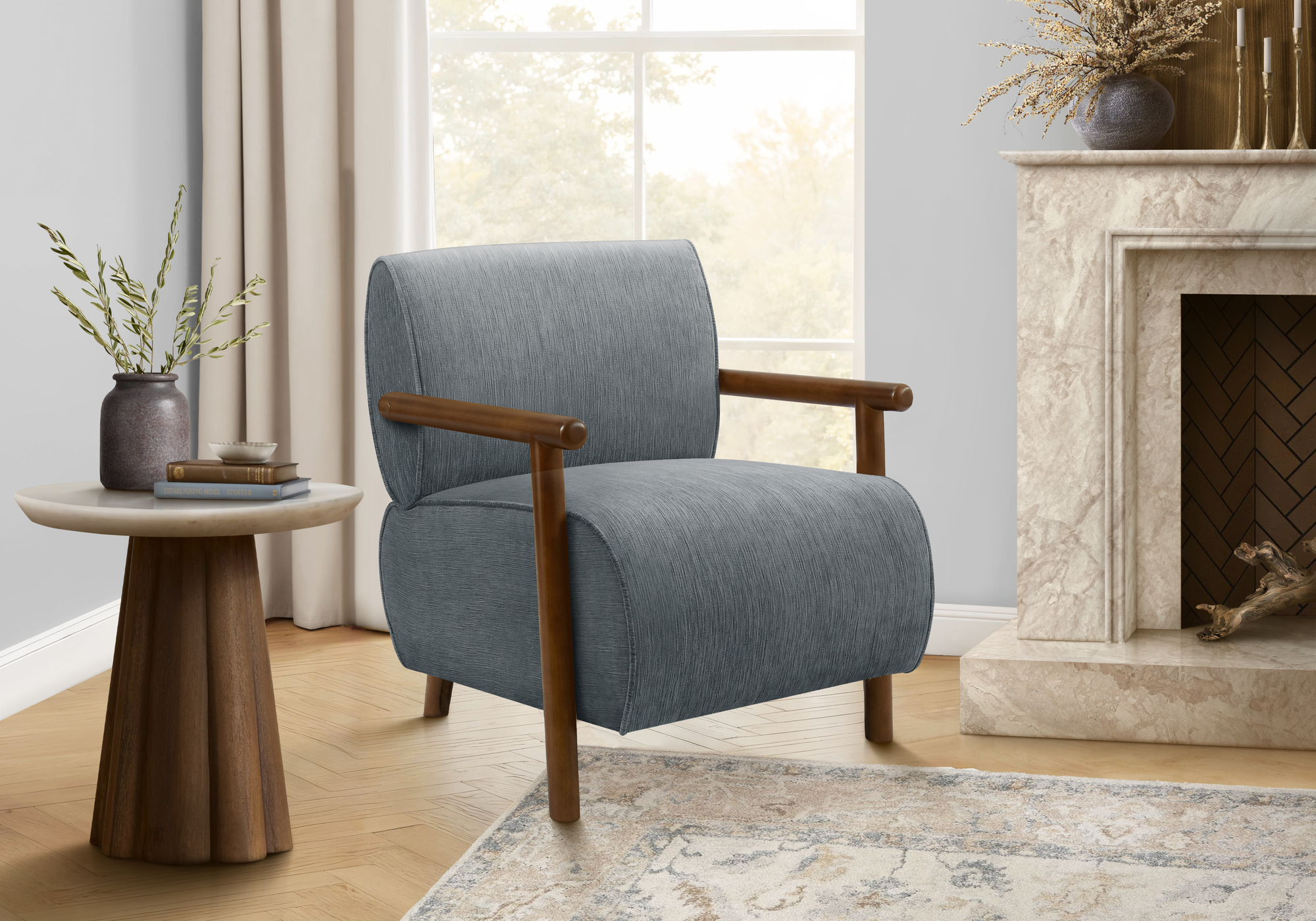 ACCENT CHAIR - 31"H / LIGHT BLUE FABRIC / WALNUT WOOD