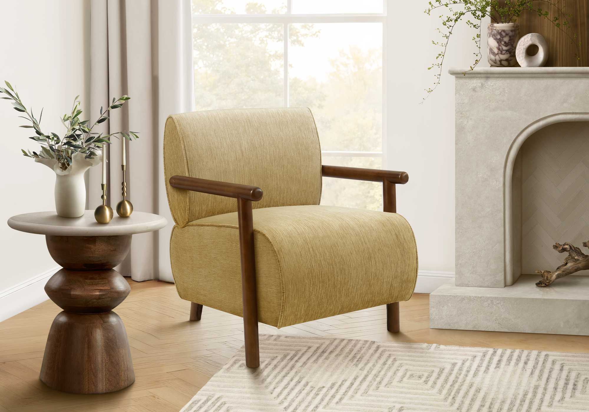 ACCENT CHAIR - 31"H / LIGHT GOLD FABRIC / WALNUT WOOD