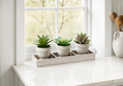 ARTIFICIAL PLANT - 3PCS / 6"H SUCCULENT BEIGE POT/ WOOD TRAY