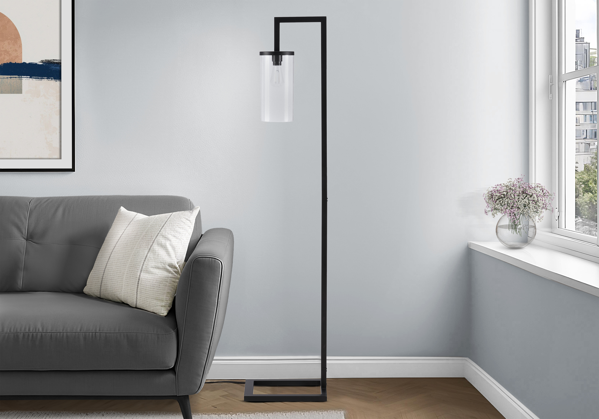 LIGHTING - 68"H FLOOR LAMP BLACK METAL / GLASS SHADE