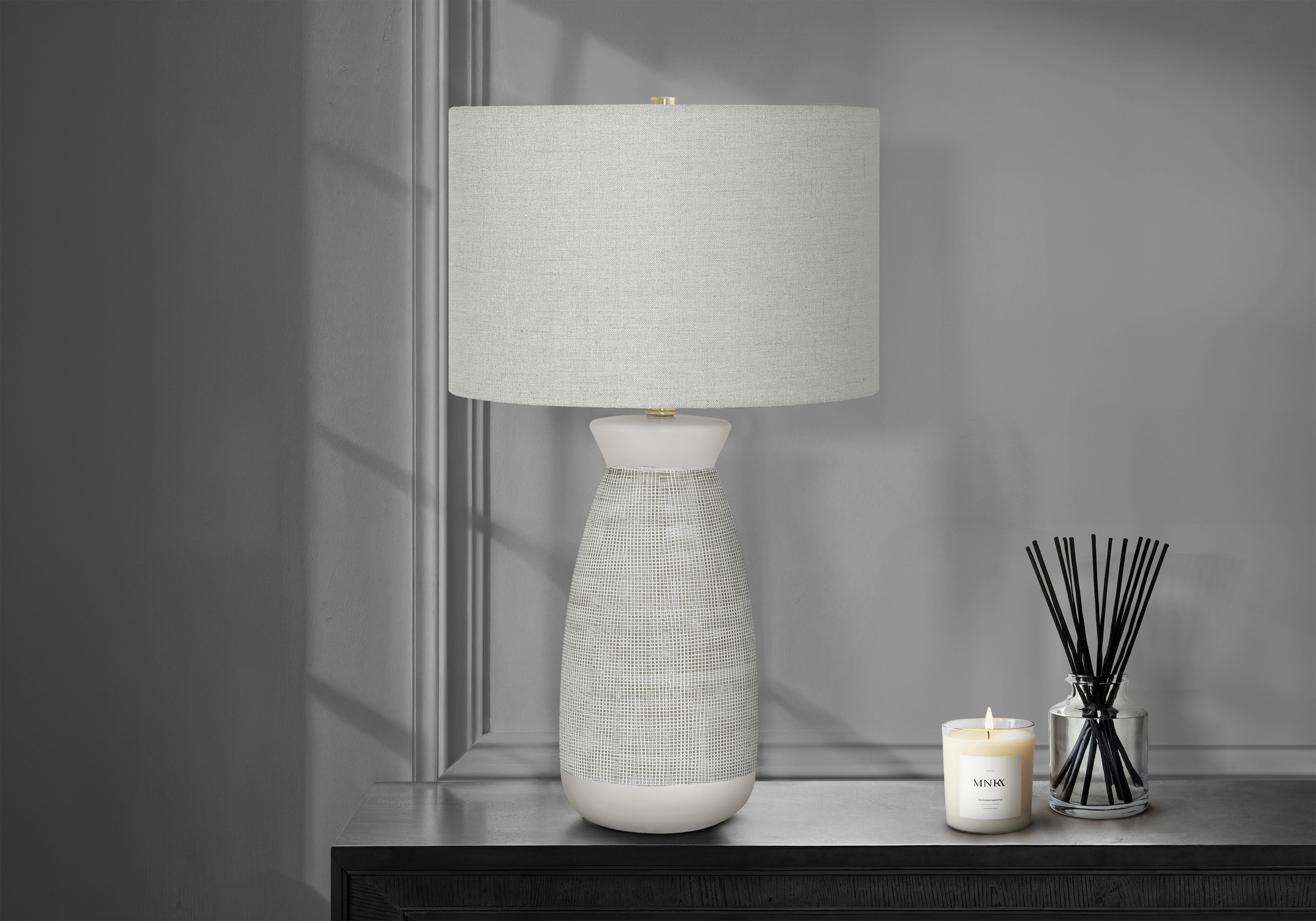 LIGHTING - 27"H TABLE LAMP GREY CERAMIC / GREY SHADE