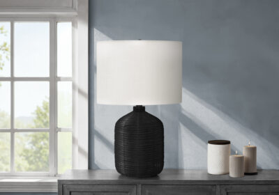 LIGHTING - 23"H TABLE LAMP BLACK RATTAN / IVORY SHADE