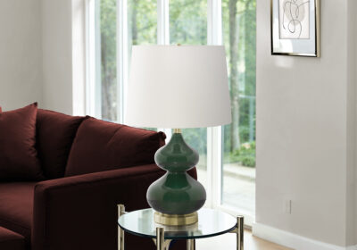 LIGHTING - 24"H TABLE LAMP GREEN GLASS / IVORY SHADE