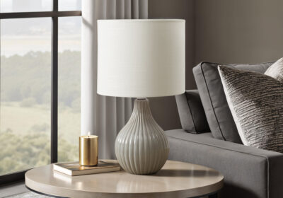 LIGHTING - 17"H TABLE LAMP GREY CERAMIC / IVORY SHADE