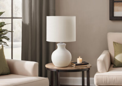 LIGHTING - 16"H TABLE LAMP WHITE RESIN / IVORY SHADE