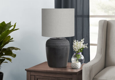 LIGHTING - 17"H TABLE LAMP BLACK CERAMIC / GREY SHADE