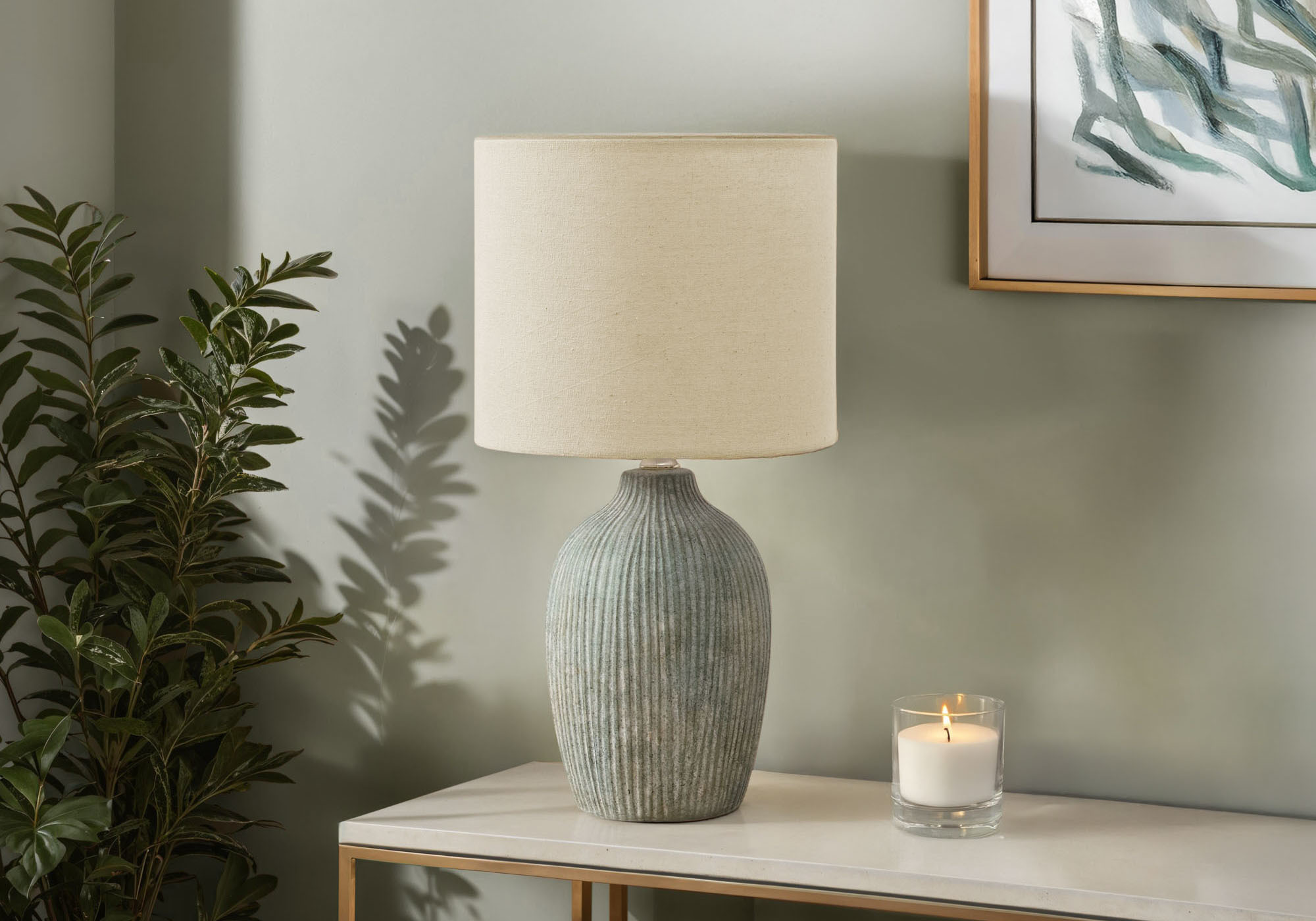 LIGHTING - 18"H TABLE LAMP GREEN CERAMIC / BEIGE SHADE