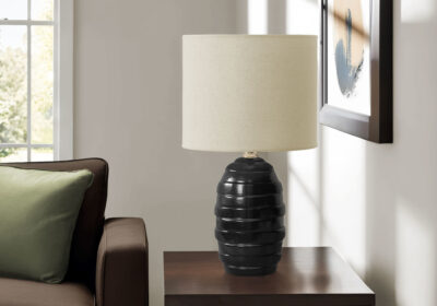 LIGHTING - 17"H TABLE LAMP BLACK CERAMIC / BEIGE SHADE