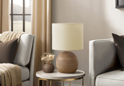 LIGHTING - 15"H TABLE LAMP BROWN RESIN / BEIGE SHADE