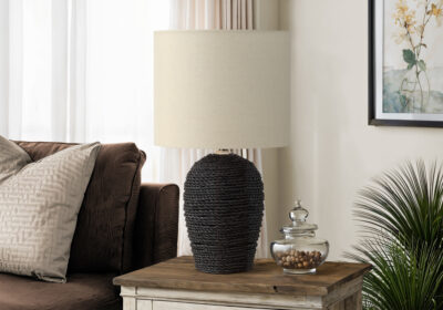 LIGHTING - 17"H TABLE LAMP BLACK RATTAN / BEIGE SHADE