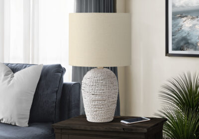 LIGHTING - 17"H TABLE LAMP WHITE RATTAN / BEIGE SHADE