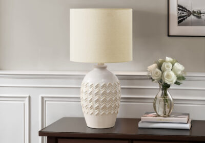 LIGHTING - 19"H TABLE LAMP IVORY CERAMIC / BEIGE SHADE