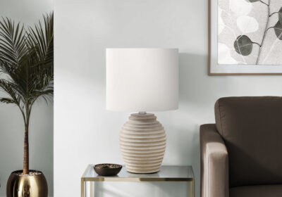 LIGHTING - 17"H TABLE LAMP BEIGE RESIN / IVORY SHADE