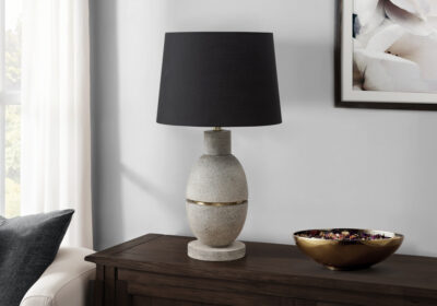 LIGHTING - 25"H TABLE LAMP GREY RESIN  / BLACK SHADE