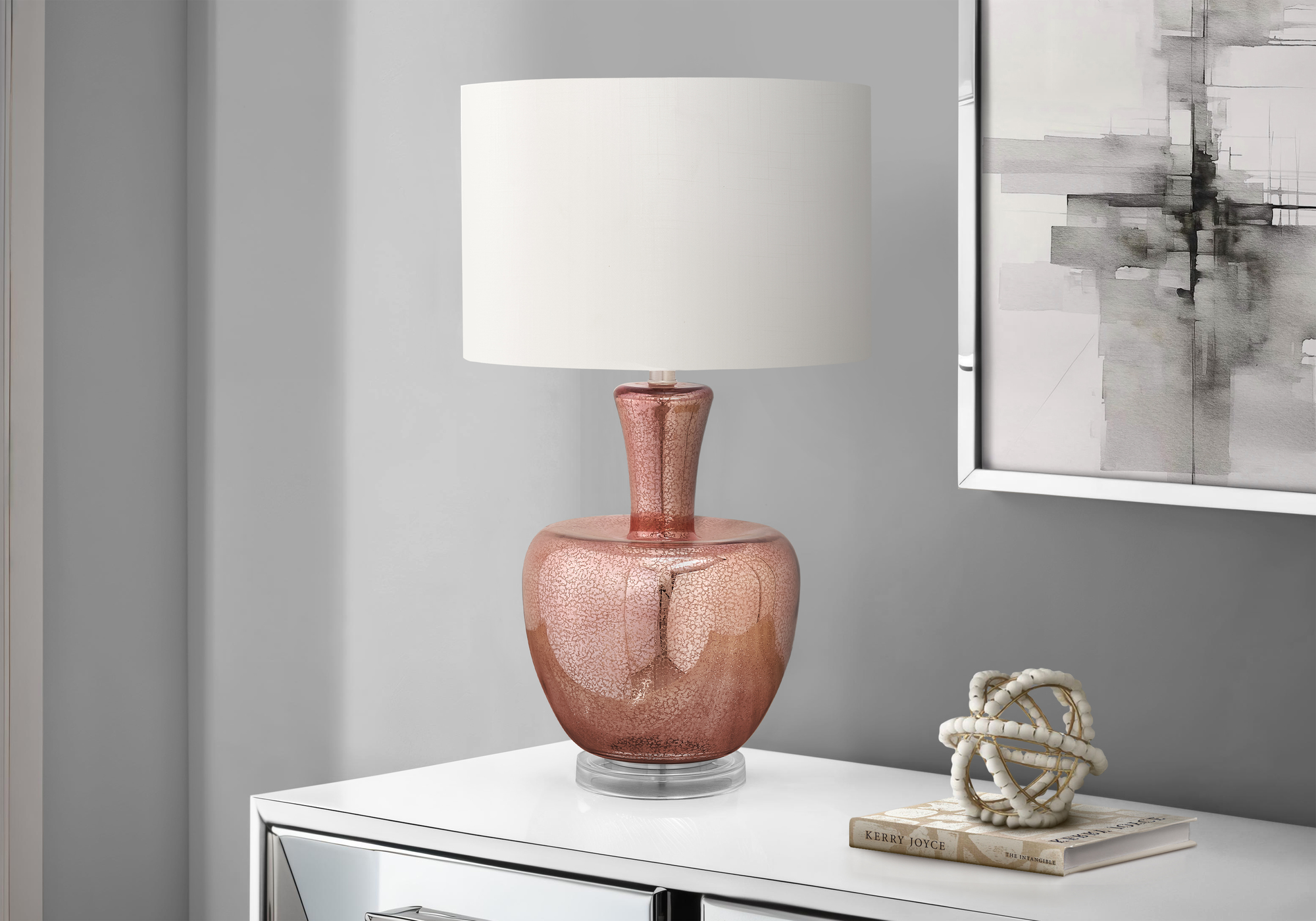 LIGHTING - 26"H TABLE LAMP DUSTY ROSE GLASS / IVORY SHADE