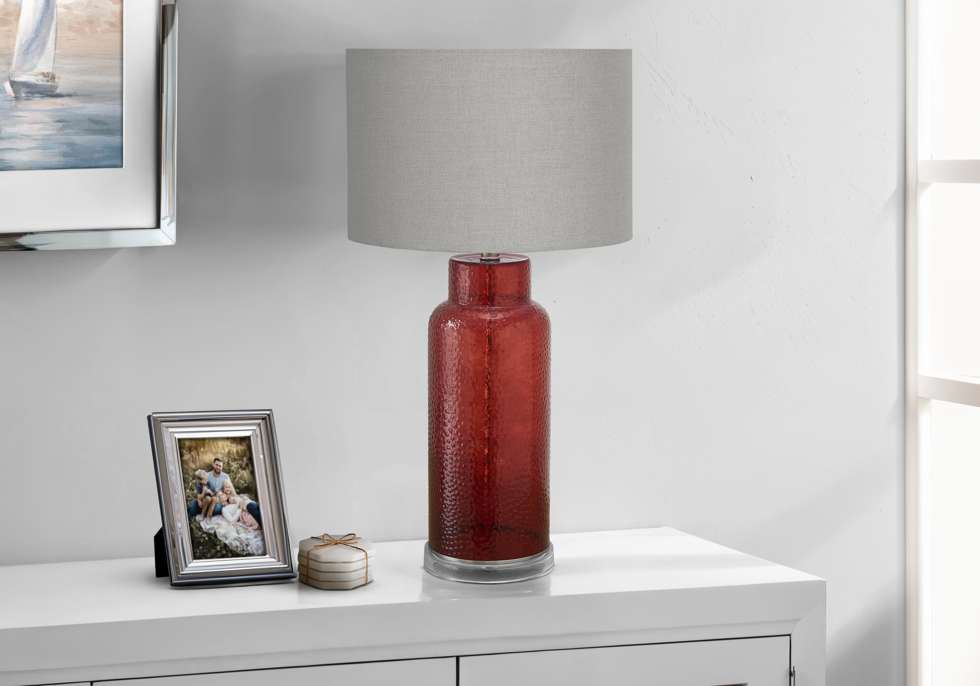 LIGHTING - 28"H TABLE LAMP RED GLASS / GREY SHADE