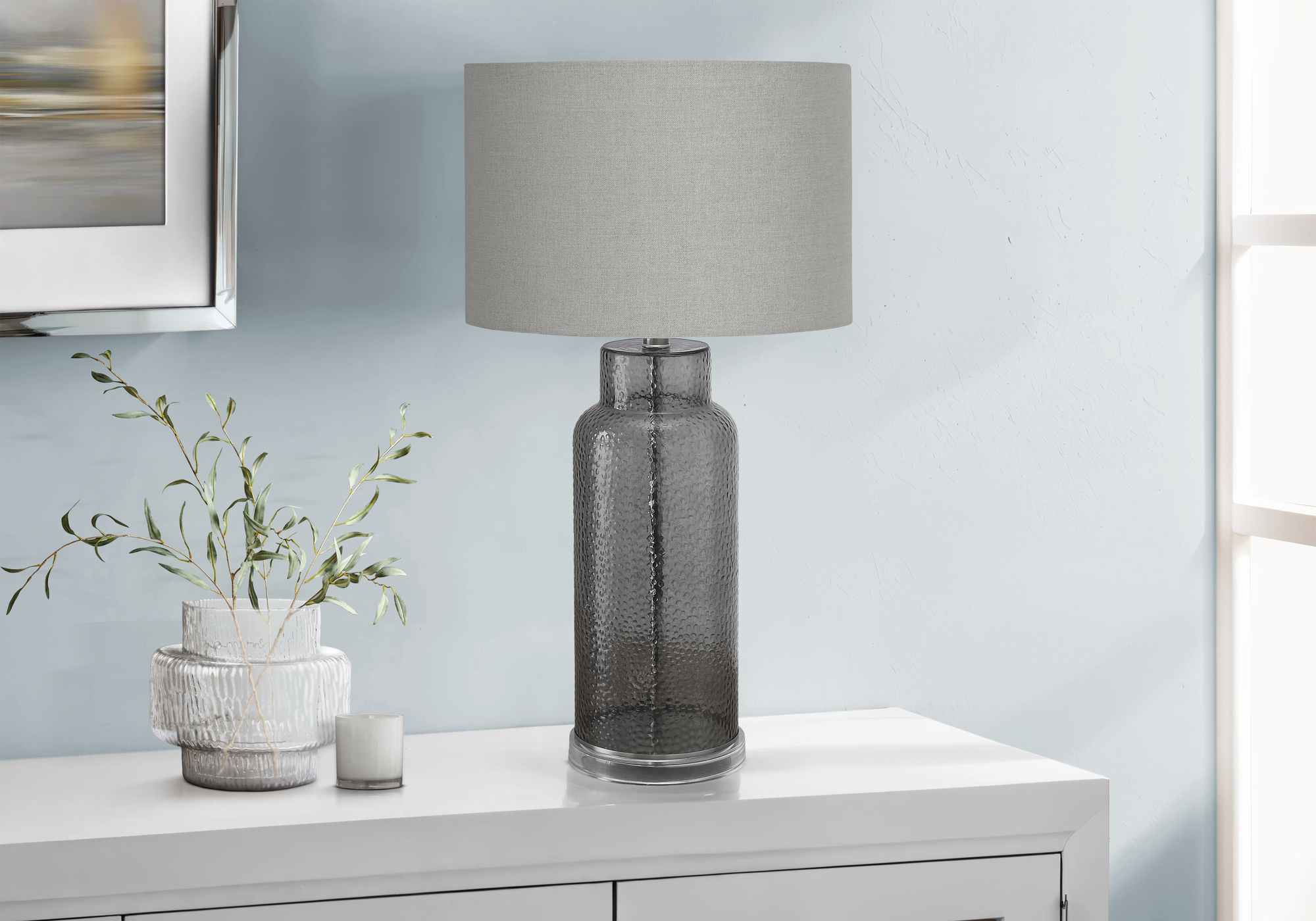 LIGHTING - 28"H TABLE LAMP GREY GLASS / GREY SHADE