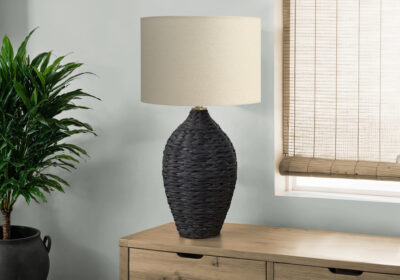LIGHTING - 30"H TABLE LAMP BLACK RATTAN / BEIGE SHADE