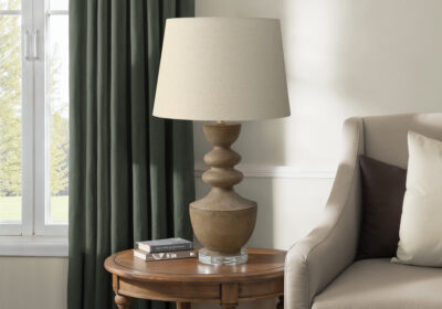 LIGHTING - 28"H TABLE LAMP BROWN RESIN  / BEIGE SHADE