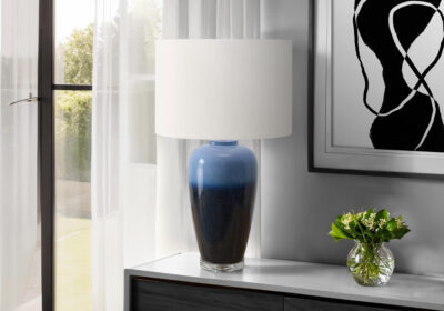 LIGHTING - 29"H TABLE LAMP BLUE CERAMIC / IVORY SHADE